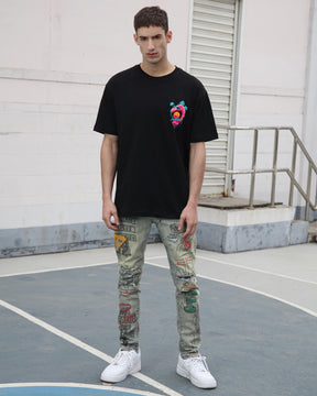 Graffiti & Graphics Slim-Fit Ripped Blue Light Wash Jeans for Streetwear
