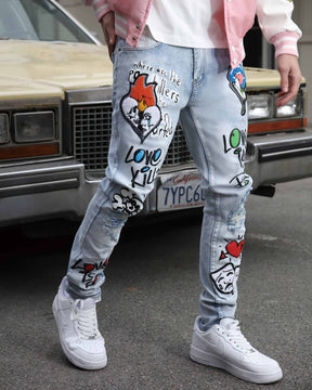 Medium Wash Slim Fit Blue Graffiti Painted Ripped Jeans
