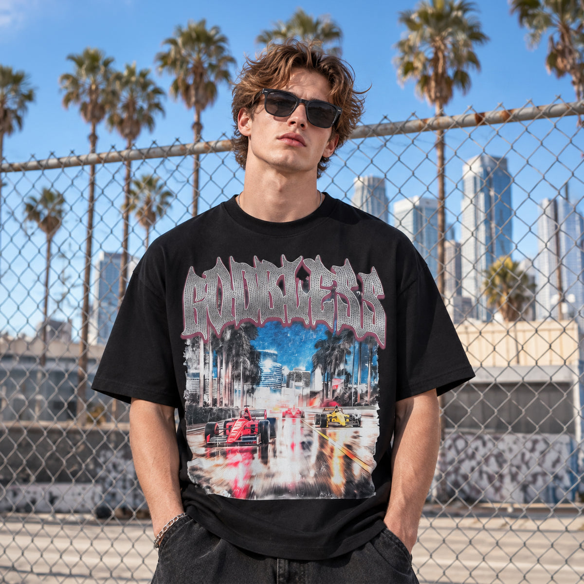 Godbless F1 Race Cars Night City Vintage Graphic Tee – Black | LOGEQI