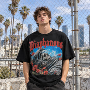 Diaphanous Astronaut Skull Floral Vintage Graphic Tee – Black & White | LOGEQI