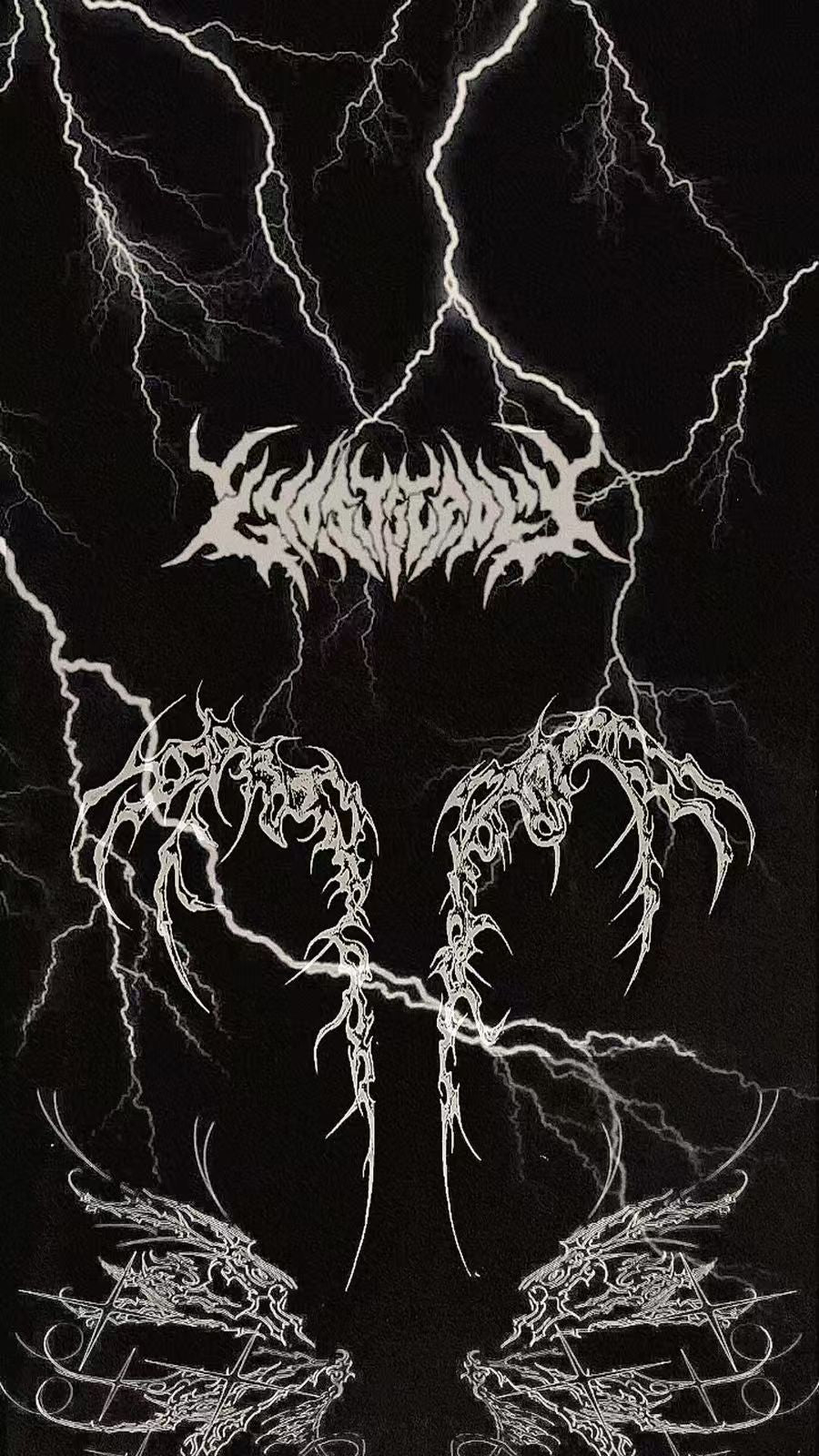 Black Metal Lightning Graphic of LOGEQI Custom-Printed Tees. Intricate Gothic Typography & Thunder Art Design