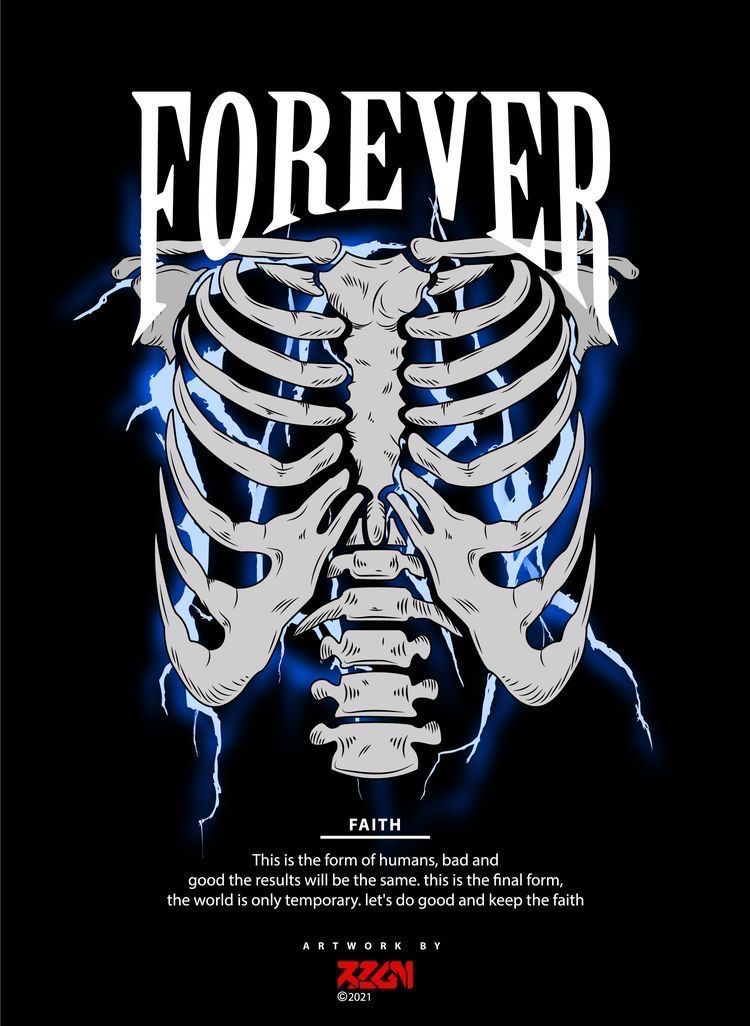 Forever Skeleton Ribcage Lightning Graphic. Faith-Themed Edgy Streetwear Art with Bold Typography