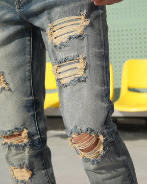 Vaqueros ajustados con parches y rotos en las rodillas azules vintage de LOGEQI para hombre