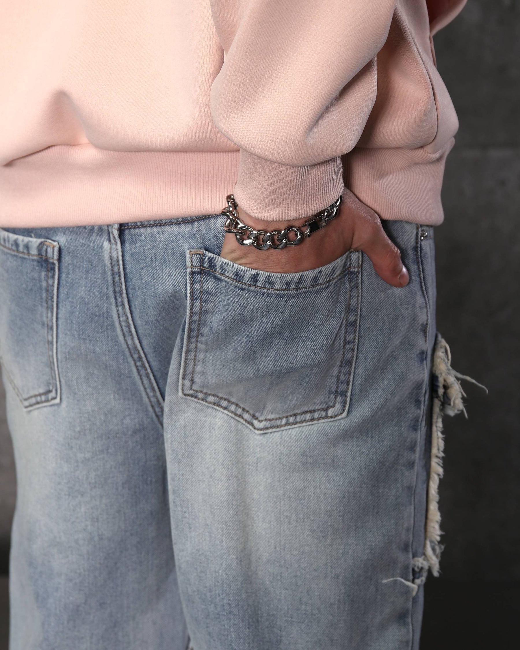 Eye-Catching Men’s Blue Heavily Distressed Patchwork Jeans