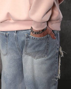Eye-Catching Men’s Blue Heavily Distressed Patchwork Jeans