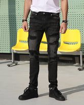 Streetwear Men’s Black Ripped & Distressed Skinny Patched Jeans