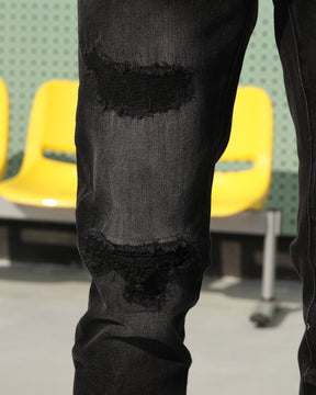 Streetwear Men’s Black Ripped & Distressed Skinny Patched Jeans