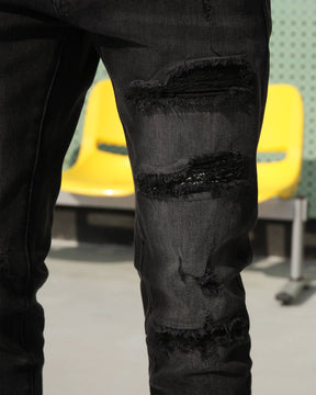 Streetwear Men’s Black Ripped & Distressed Skinny Patched Jeans