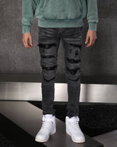 LOGEQI Sleek Men’s Black Distressed Skinny Jeans with Floral Prints