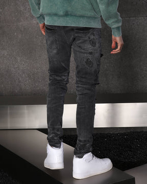 LOGEQI Sleek Men’s Black Distressed Skinny Jeans with Floral Prints
