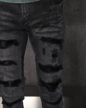 LOGEQI Sleek Men’s Black Distressed Skinny Jeans with Floral Prints