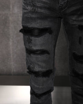 LOGEQI Sleek Men’s Black Distressed Skinny Jeans with Floral Prints