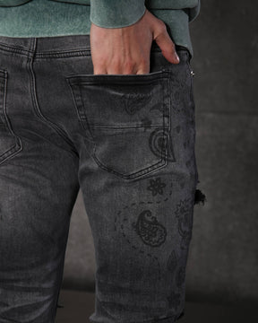 LOGEQI Sleek Men’s Black Distressed Skinny Jeans with Floral Prints
