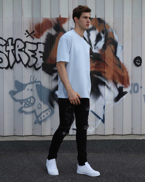 LOGEQI Hip Hop Black Ripped Jeans with Cashew Flower Patch