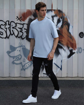 LOGEQI Hip Hop Black Ripped Jeans with Cashew Flower Patch