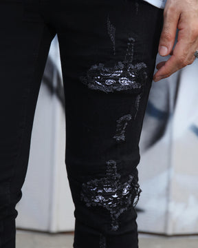 LOGEQI Hip Hop Black Ripped Jeans with Cashew Flower Patch