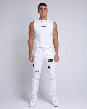 LOGEQI Graffiti Patch Slim Fit Ripped White Jeans