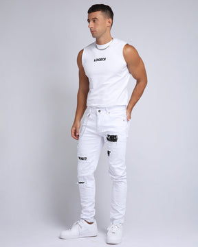 LOGEQI Graffiti Patch Slim Fit White Jeans
