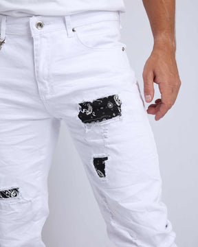 LOGEQI Graffiti Patch Slim Fit White Ripped Jeans