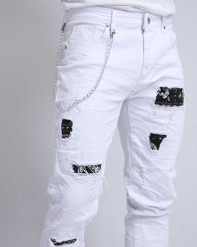 LOGEQI Graffiti Patch Slim Fit White Ripped Jeans