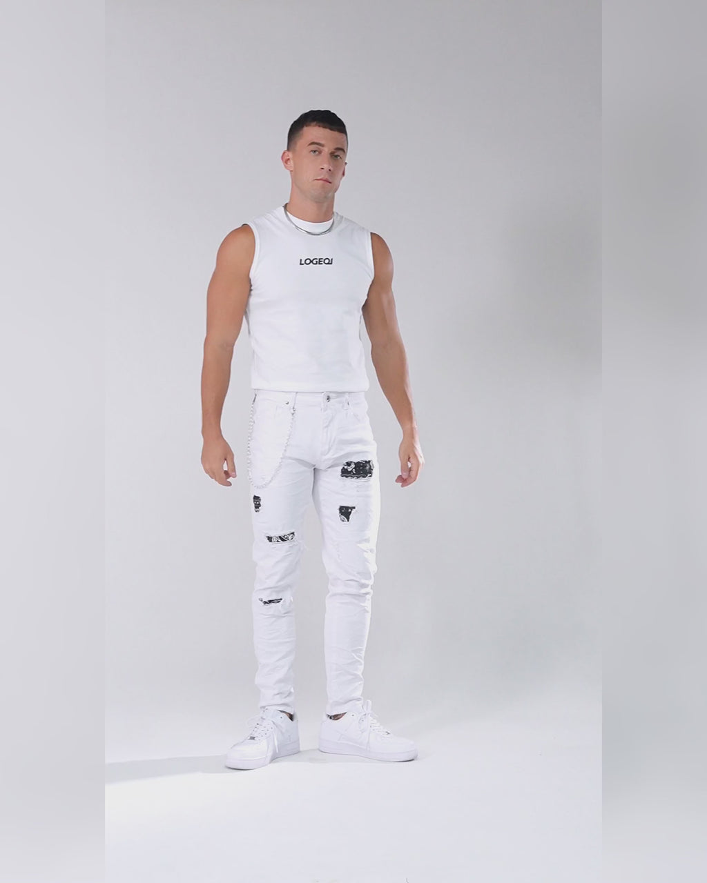 LOGEQI Graffiti Patch Slim Fit White Ripped Jeans