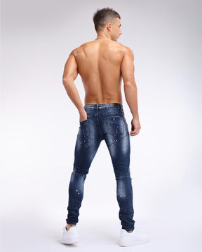 LOGEQI Slim Fit Rectangular Patch Blue Ripped Jeans