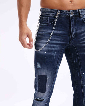 LOGEQI Deep Wash Slim Fit Blue Ripped Jeans
