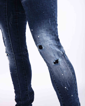 LOGEQI Slim Fit Rectangular Patch Blue Ripped Jeans