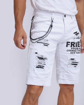 White Casual Printed Ripped Jeans Shorts