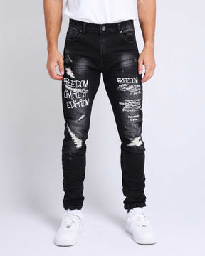 LOGEQI Gothic Graffiti Ripped Black Jeans