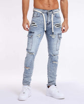 LOGEQI Irregular Spray Paint Workwear Blue Ripped Jeans